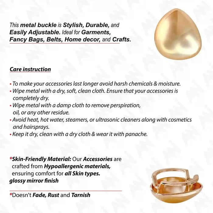 Ani Accessories Golden Tear Metal Buckle front and back image with infographic in the white background.