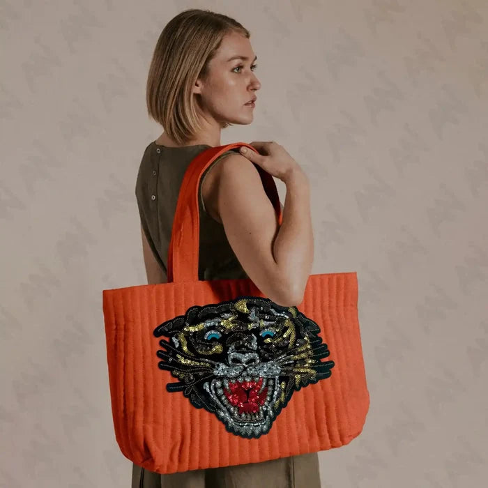 Sequins Tiger Patch by Ani Accessories on bag, detailed applique enhancing fashion accessories, jackets, clothing, and DIY projects
