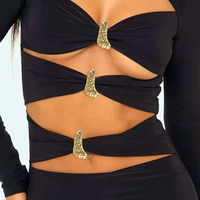 Ani Accessories Hammered Crescent Buckle in a model black Strappy Dress.