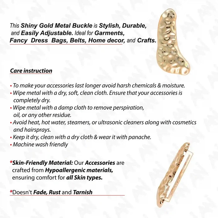 Ani Accessories Hammered Crescent Buckle front and back image with care infographic in a white background.
