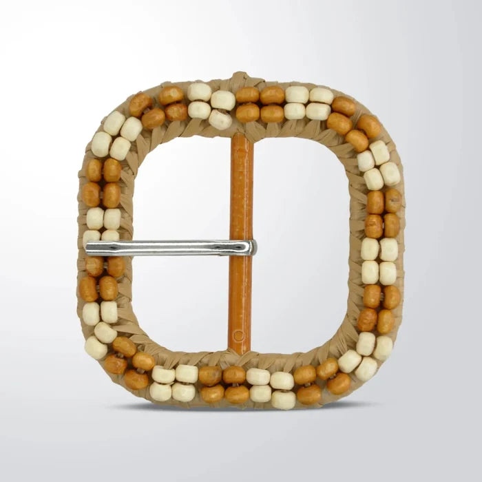 Square Raffia Buckle with Cream & Brown Beads