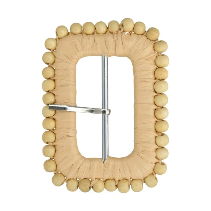 Rectangular Raffia Buckle with Cream & Brown Beads
