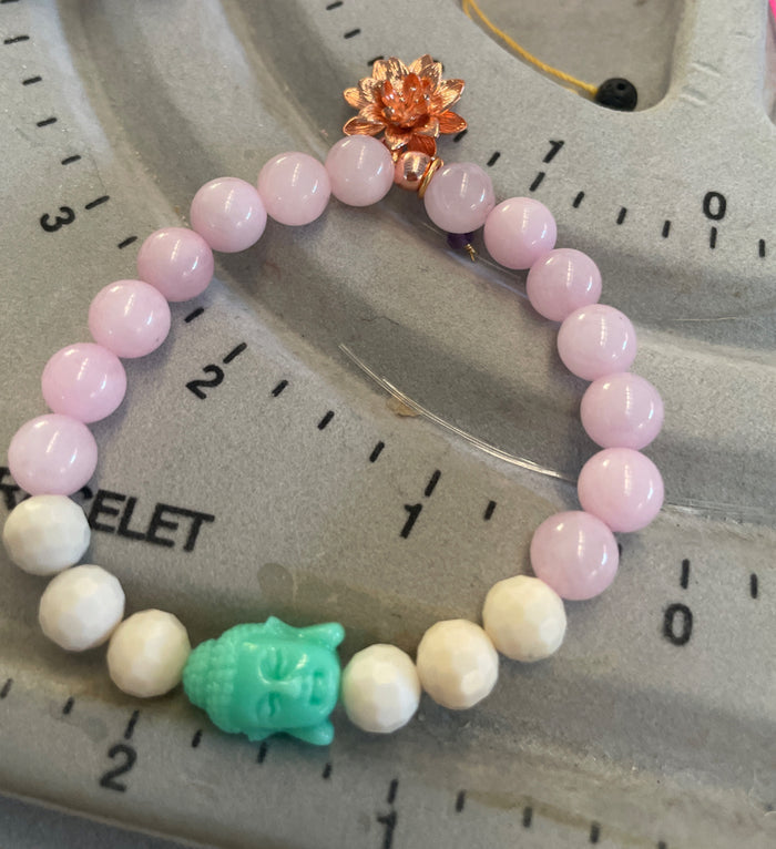 Mexican Ivory Jasper , Rose Quartz, Resin Buddha, Cooper Lotus. Size Medium