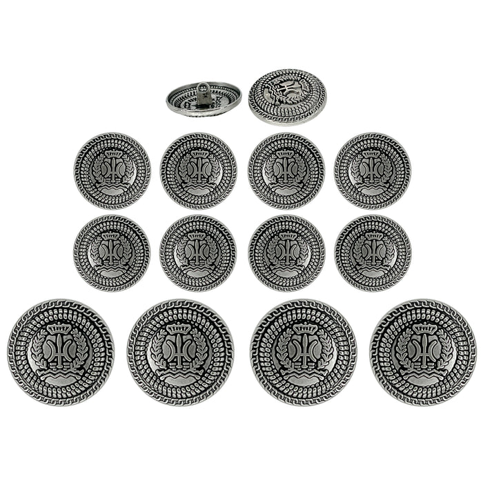 Set of 12 antique silver metal buttons by Ani Accessories, perfect for adding elegance to custom fashion and accessories