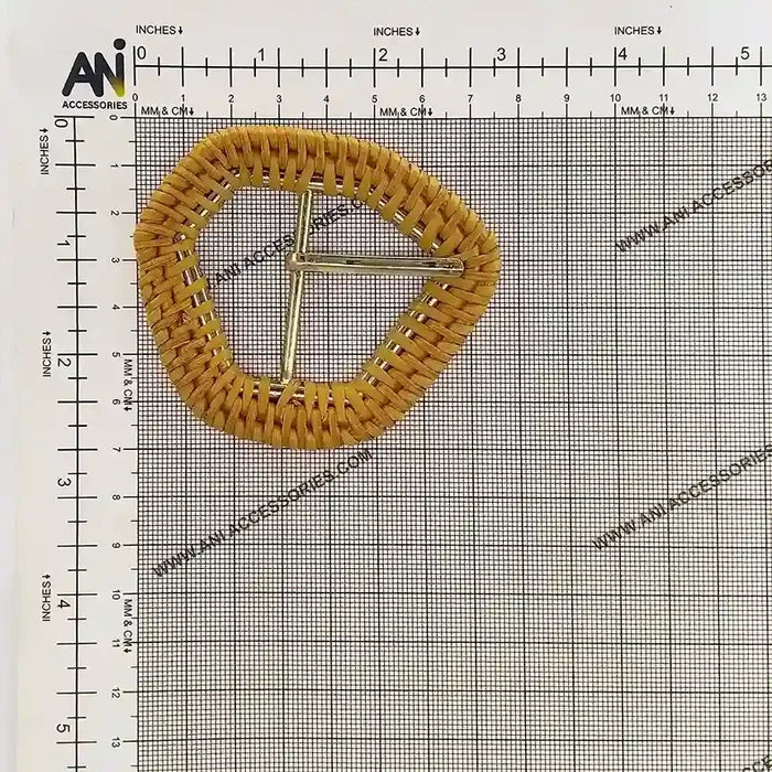 Ani Accessories Hexagon Inspired  Brown double Braided Metal Raffia  prong Buckle placed on a size chart bar graph to show the  exact size of the buckle.