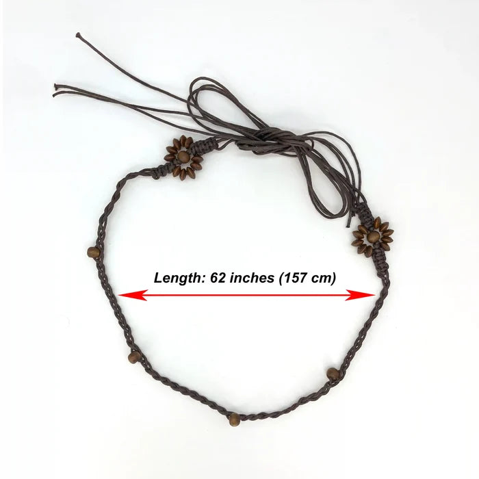 Ani Accessories Brown woven headband with floral ends and measurement text on a white background