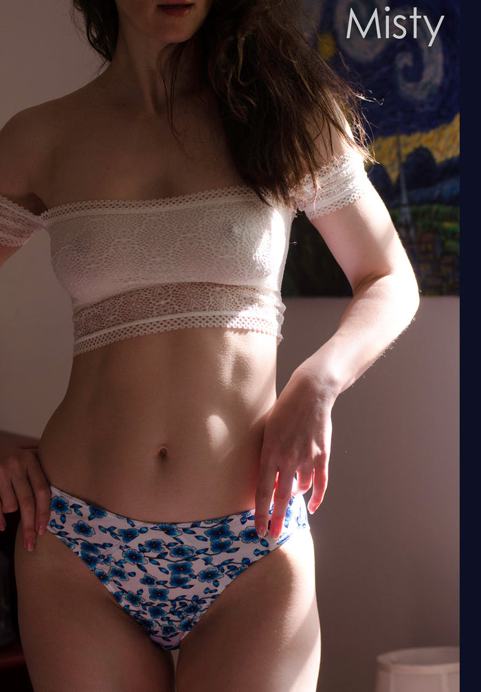 Hipster panty in blue floral satin, lace-trim waistband and scooped hip cut.