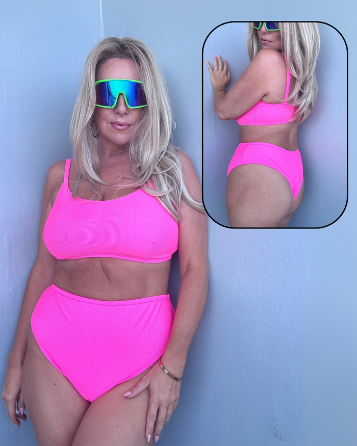 Hot Pink Rib High Waist Cheeky Bikini Bottom