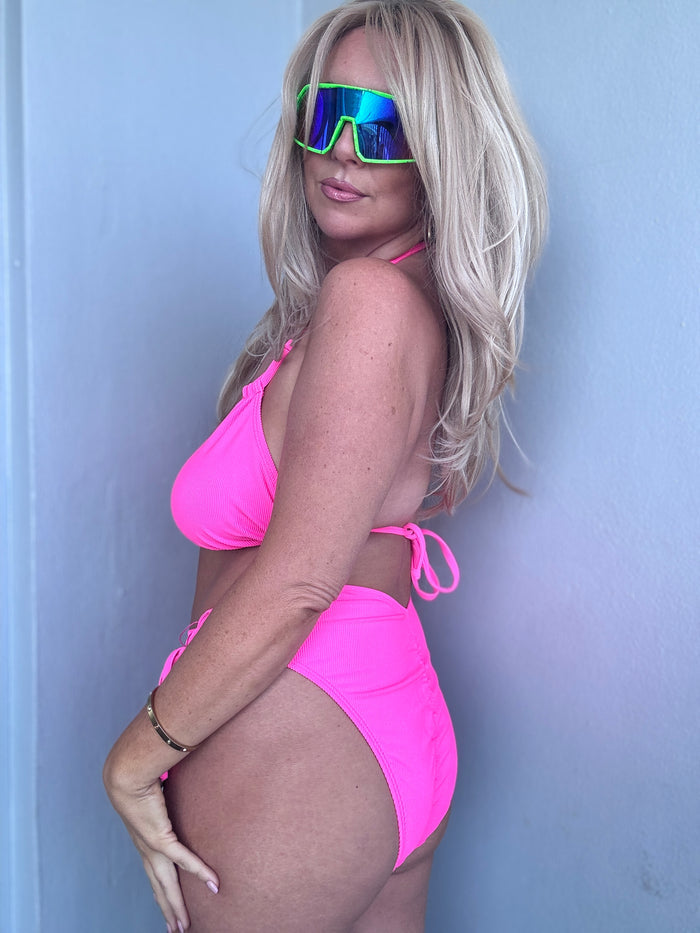 Hot Pink Rib Side Tie Bikini Bottom