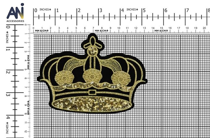 Crown sew-on patch by Ani Accessories shown on model jacket for royal styling reference.