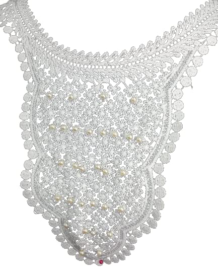 Front view of intricate openwork floral neckline by Ani Accessories on women’s dresses and kurtis, showing elegance and charm.
