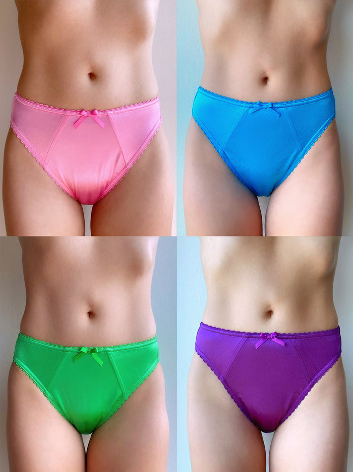 Katie's princess panties set, pink, blue, green, and purple bikini briefs with bows