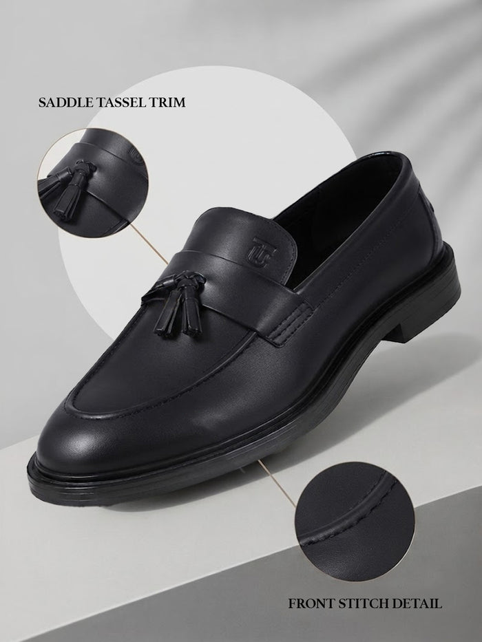 Kingsley Men's Black Genuine Leather Tassel Loafers | Premium Slip-On Formal & Smart Casual Dress Shoes|TC-2654BL