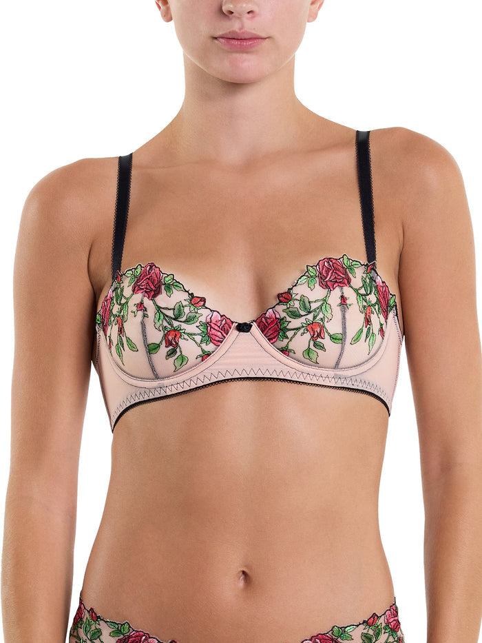 Kiss From A Rose Underwire Balconette Bra - Blush Pink Rose Embroidered Mesh Front View On Model | Hanky Panky