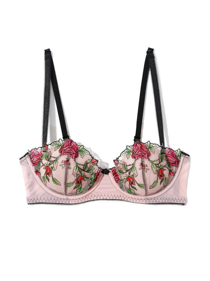 Kiss From A Rose Underwire Balconette Bra - Blush Pink Rose Embroidered Mesh Flat Lay Detail | Hanky Panky