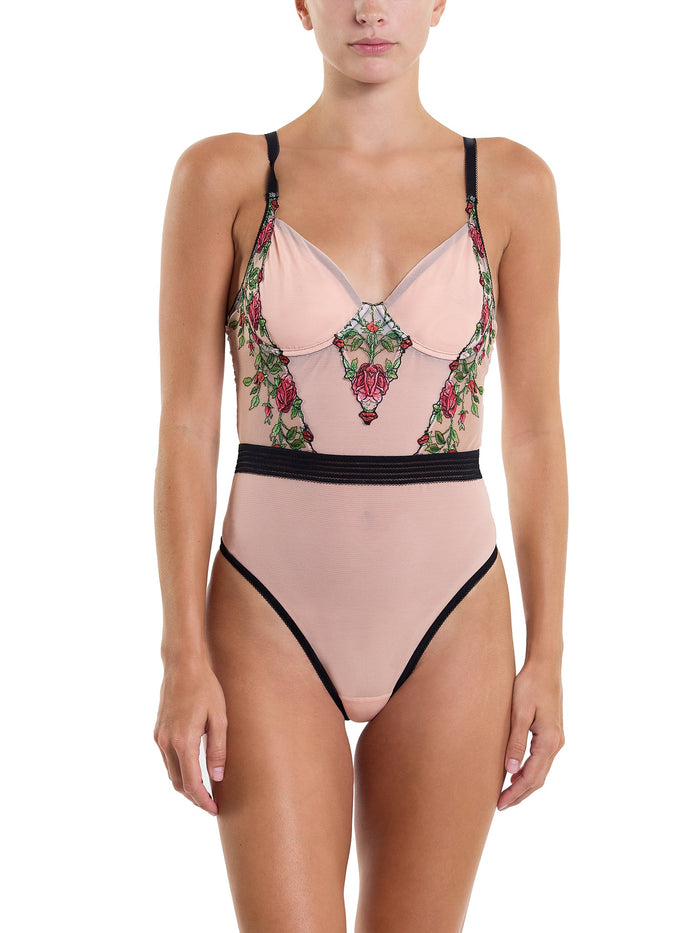 Kiss From A Rose Blush Embroidered Underwire Bodysuit - Front View On Model, Plunging Neckline | Hanky Panky