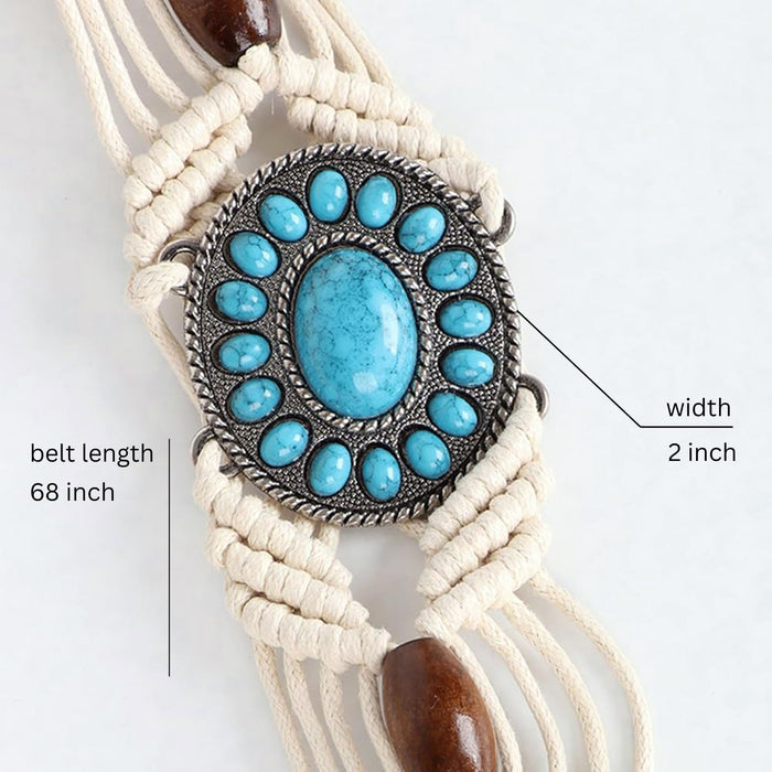 Ani Accessories women’s belt close-up highlighting intricate macrame-style detailing on a white background.