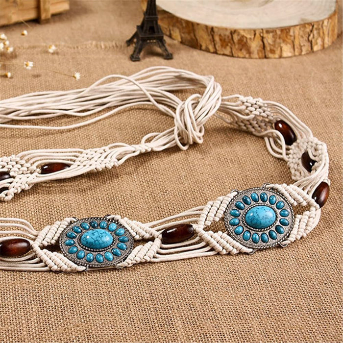 Detailed close-up of Ani Accessories women’s belt featuring macrame rope design on a clean white background.