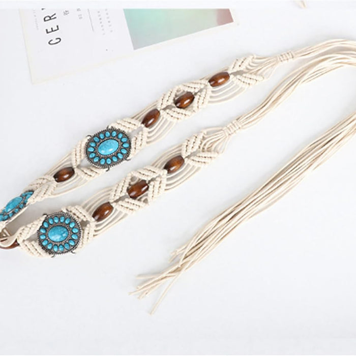 Women’s belt from Ani Accessories shown on a white background, highlighted with macrame-style elements for chic and modern styling.