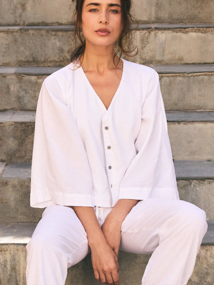 Linen PJ Top | White & Grey