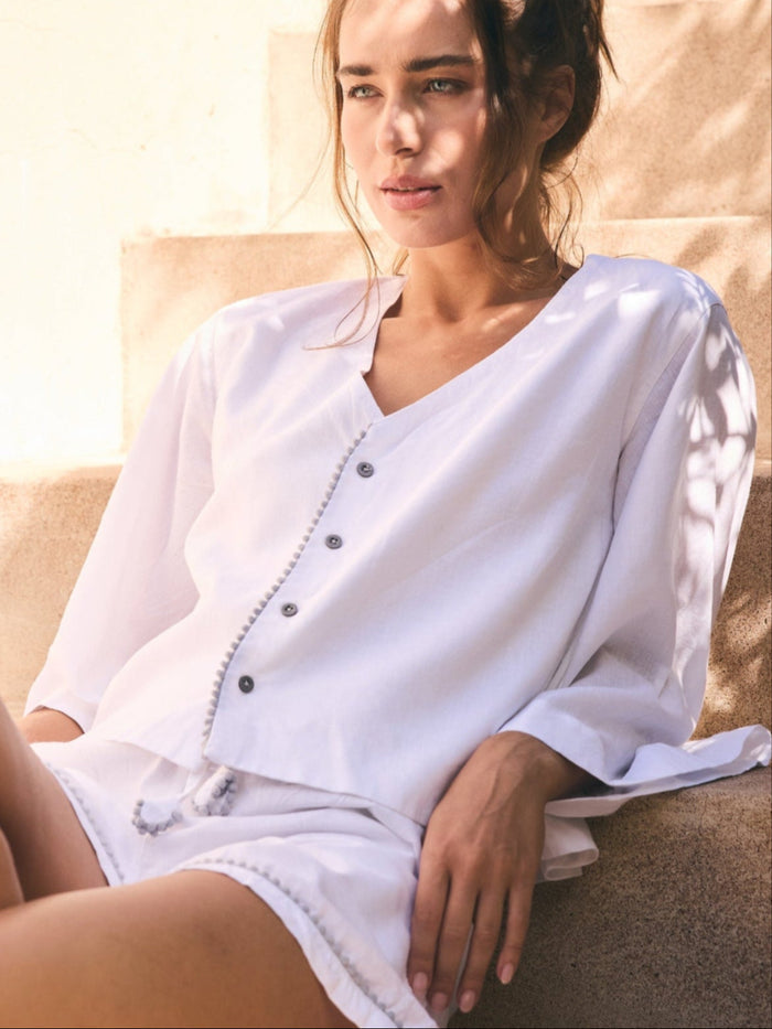 Linen PJ Top | White & Grey