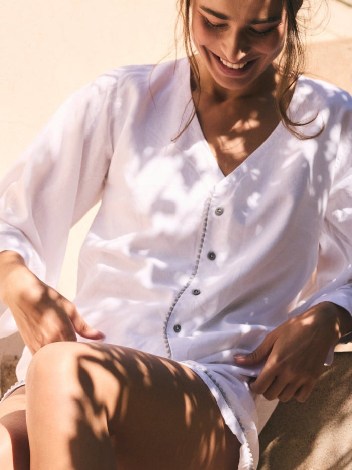 Linen PJ Top | White & Grey