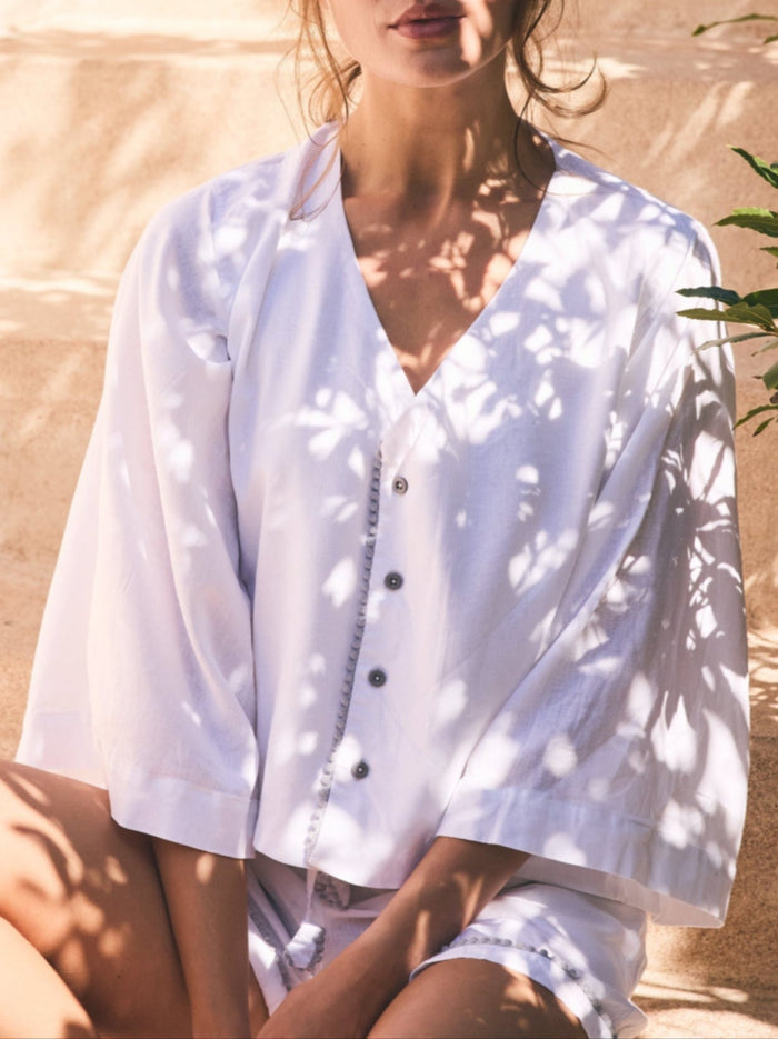 Linen PJ Top | White & Grey