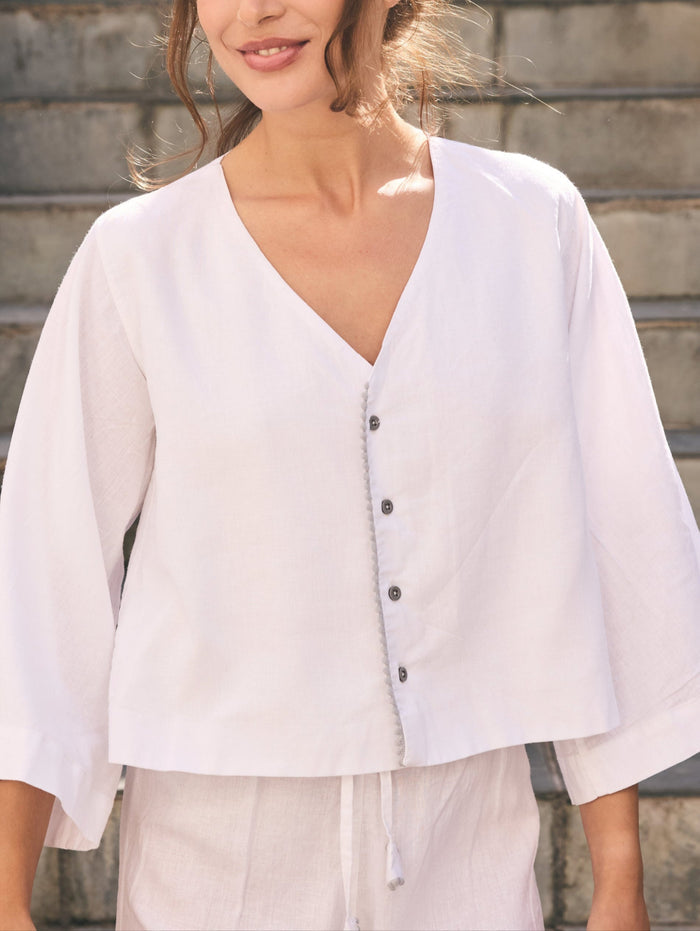 Linen PJ Top | White & Grey