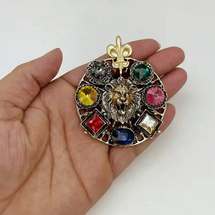 Lion Head Multi-Stone Brooch