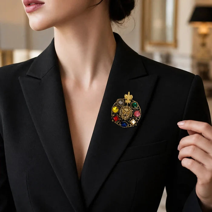 Lion Head Multi-Stone Brooch