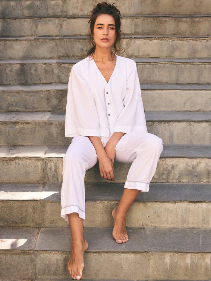 Loungy Linen Set - Long | White & Grey