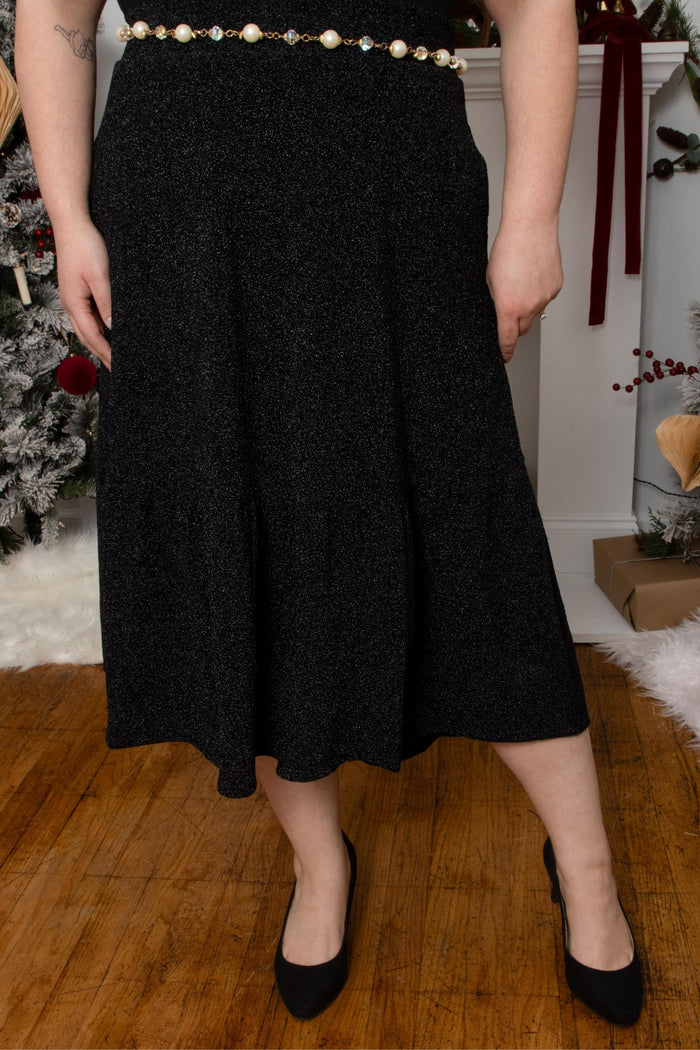 Lurex Tiered Midi Skirt - Black