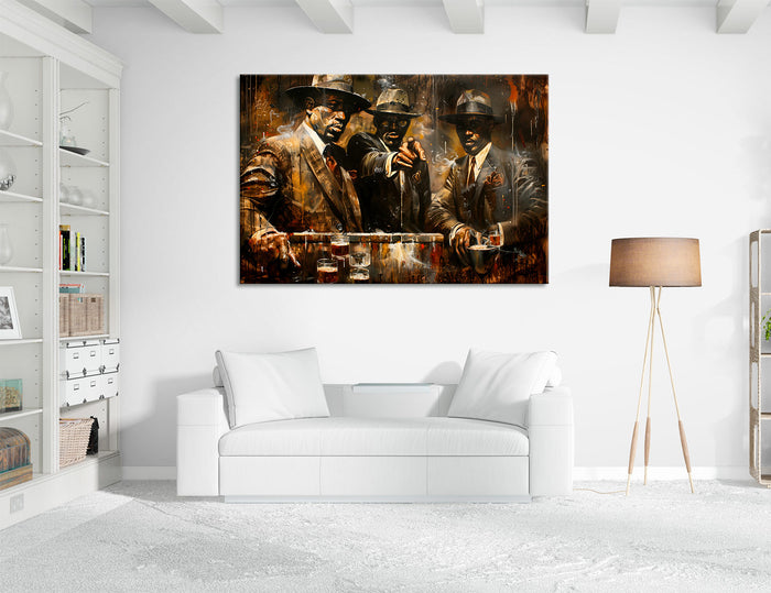 Mafia Gathering in Retro Painting Style with Elegant Outfits and Tense Atmosphere Canvas Print # 2550
