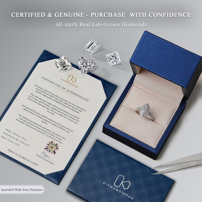 Lab-grown diamond ring in a blue box, displayed with a Certificate of Authenticity, DiamondsByUK cardholder, tweezers, and loose lab-grown diamonds in various cuts.