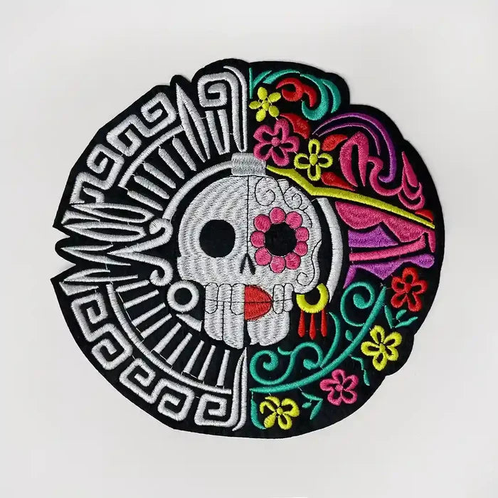 Mesoamerican Duality Skull Embroidered Hot Fix Patch