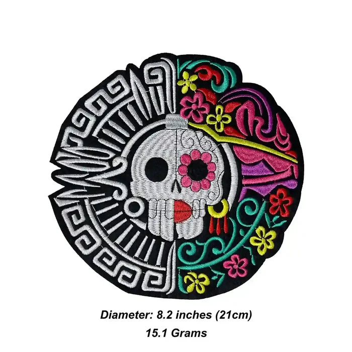 Mesoamerican Duality Skull Embroidered Hot Fix Patch