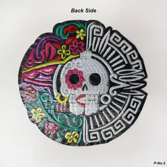 Mesoamerican Duality Skull Embroidered Hot Fix Patch