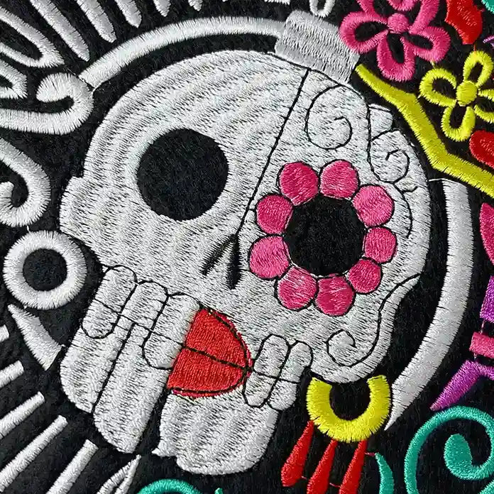 Mesoamerican Duality Skull Embroidered Hot Fix Patch