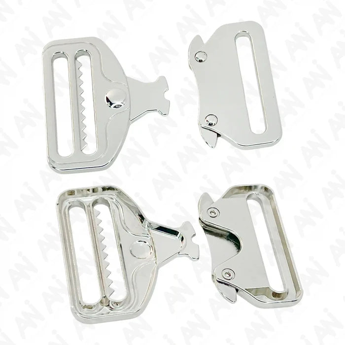 Ani Accessories Metal  Shiny silver Tactical cobra Buckles shown open and close image in  white background.