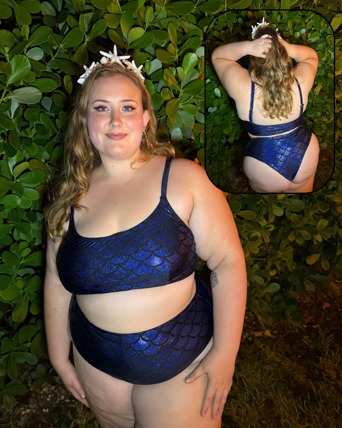Metallic Blue Mermaid High Waist Cheeky Bikini  Bottom