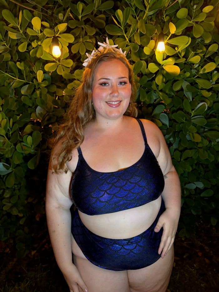 Metallic Blue Mermaid High Waist Cheeky Bikini  Bottom