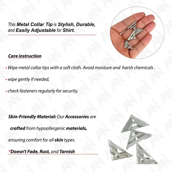 Ani Accessories | Information of care tips of collar tip with the small image of 4 piece of silver collar  tip plus small circular image of  collar tip in the palm of the hand