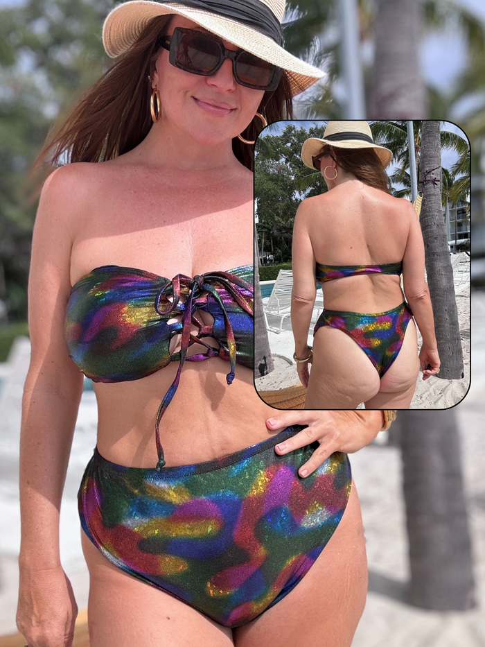 Metallic Rainbow High Waist Cheeky Bikini Bottom