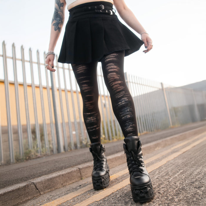 Mixed Denier Tights - Torn - Black