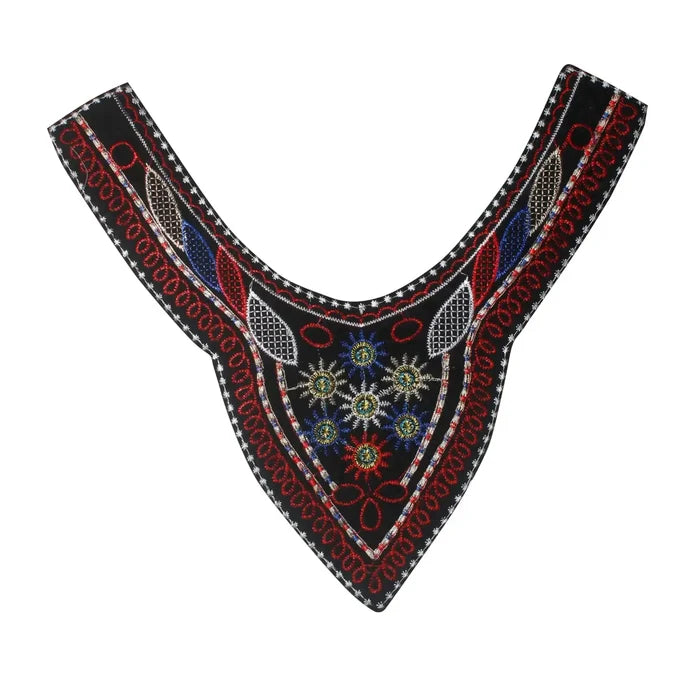 Multicolor embroidery round neckline yoke with detailed threadwork and smooth curves, perfect for ethnic dresses