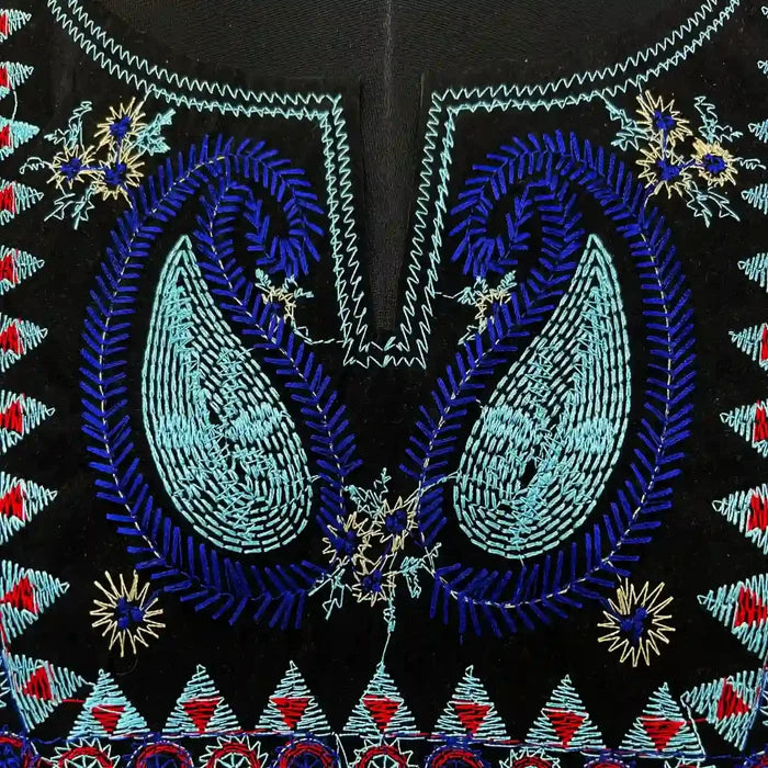 Multicolor embroidered round neckline by Ani Accessories featuring detailed craftsmanship and rich colors.