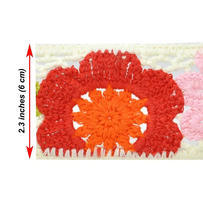 Showing dimension of the Crochet lace with a red and orange flower, showing on a white background.