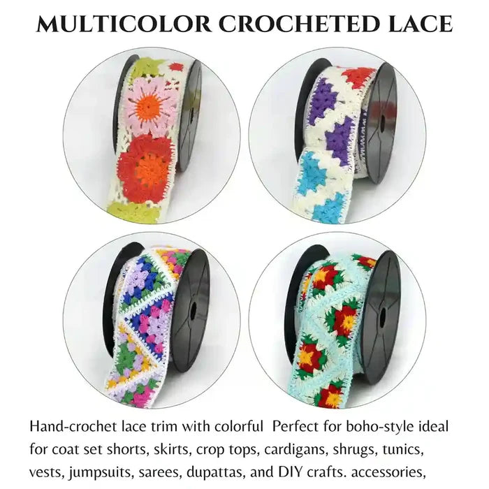 Multicolor crochet lace pattern  on Spool with text describing its use.