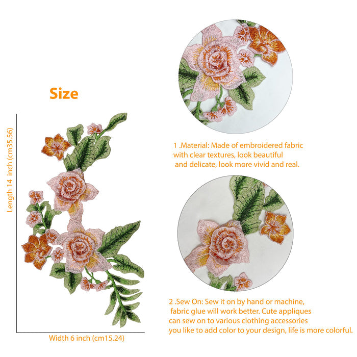 Flower Patch by Ani Accessories size chart infographic, showing length, width, and embroidery details