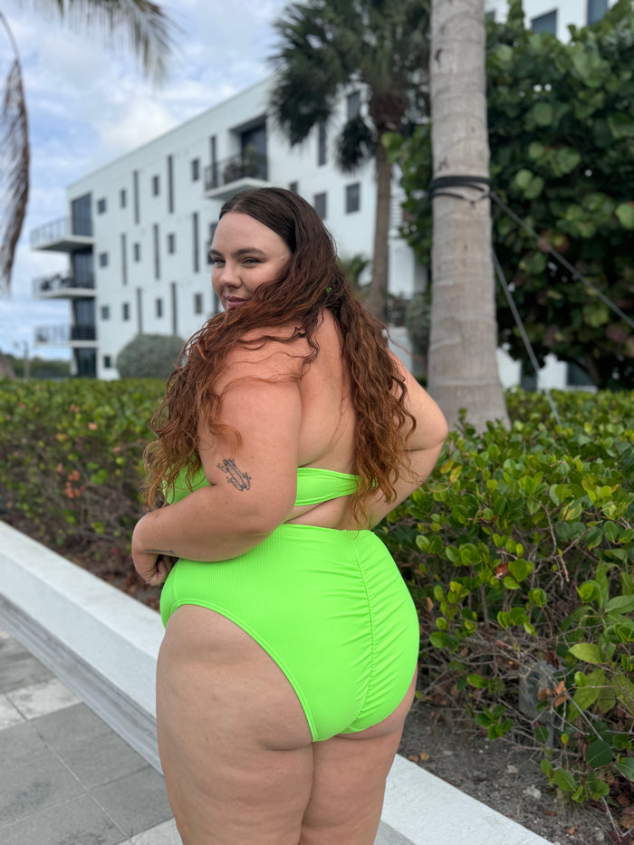 Neon Green Rib High Waist Bikini Bottom